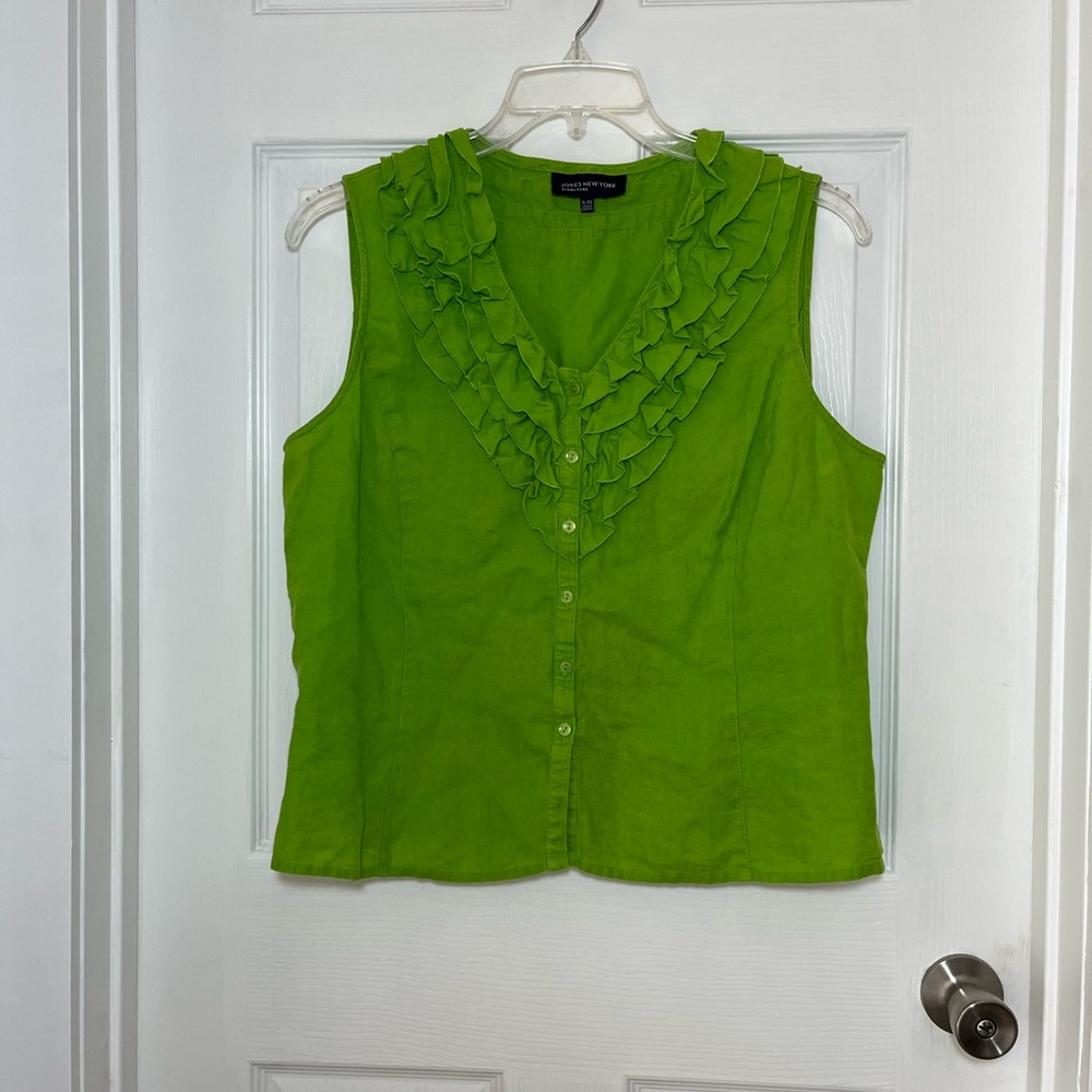 Jones New York Linen Green Ruffled Button Front Blouse